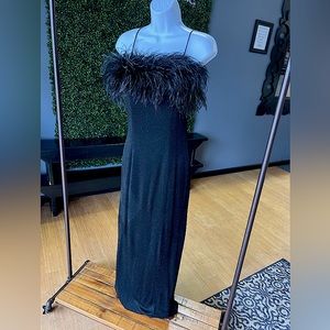 COPY - Alex Evenings long feathered spaghetti strap prom dress / evening gown.